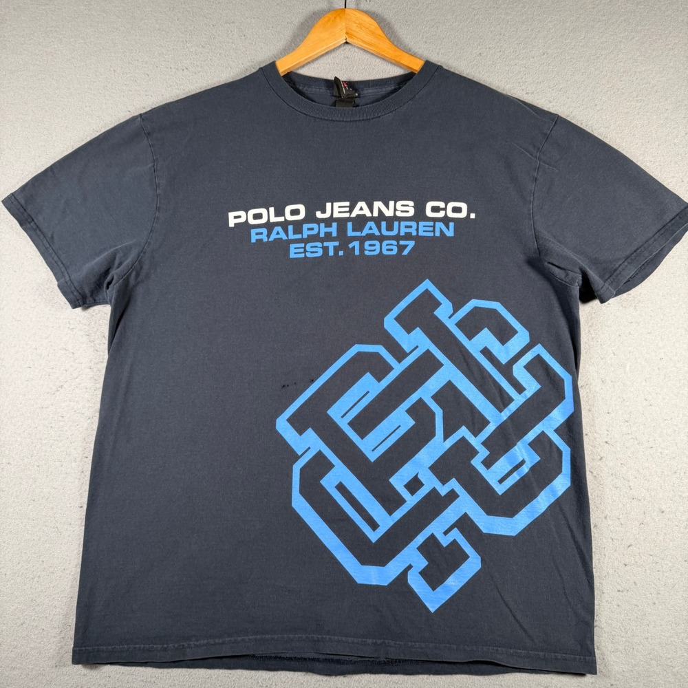 Polo Jeans Co Ralph Lauren Mens Large Graphic T-Shirt Navy Blue EST 1967 Vintage